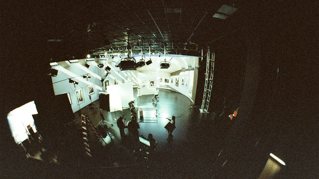A birds eye view overlooking a virtual production stage and film set